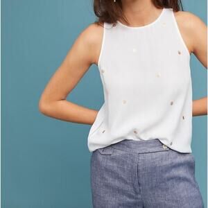 Cloth & Stone White Polka Dot Sleeveless Round Neck Laser Cut Tencel Blouse Sz S